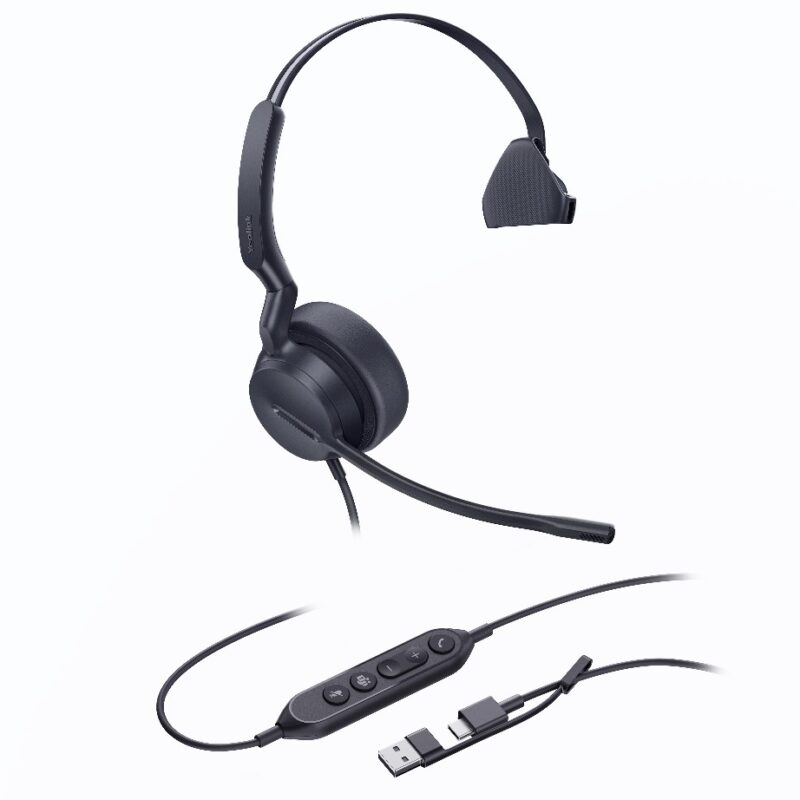 Yealink UH44 Mono Teams USB-C/A Microsoft Certified USB Wired Headset, Dual Noise-Canceling Microphones, 35mm Speaker, Busylight Leather Ear Cushions