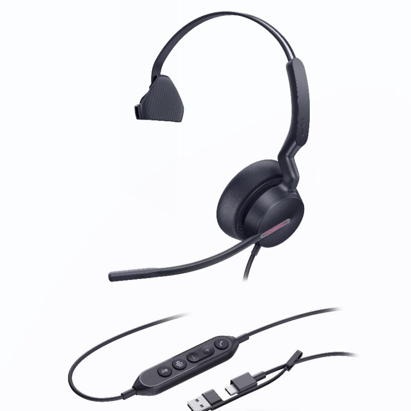 Yealink UH46 Mono Teams USB-C/A Microsoft Certified Teams USB Wired Headset 3-Noise-Canceling Microphones 35mm Speaker Busylight Leather Controller