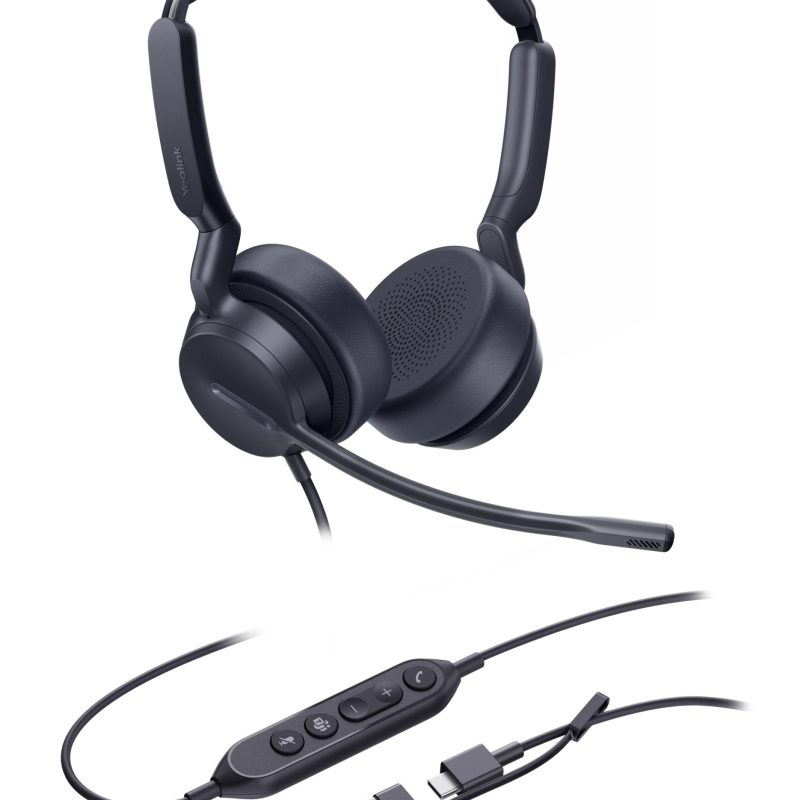 Yealink UH42 Dual Teams USB-C/A Microsoft Certified Teams USB Wired Headset, Noise-Canceling Microphone, Leather Ear Cushions Controller Teams  button