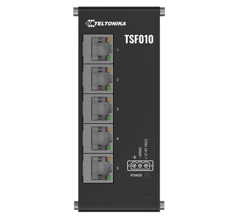 Teltonika TSF010 Flat Ethernet Switch, 3-Pin Power Input, Flat and Compact Design, Plug-and-Play, 7-57 VDC, PSU excluded