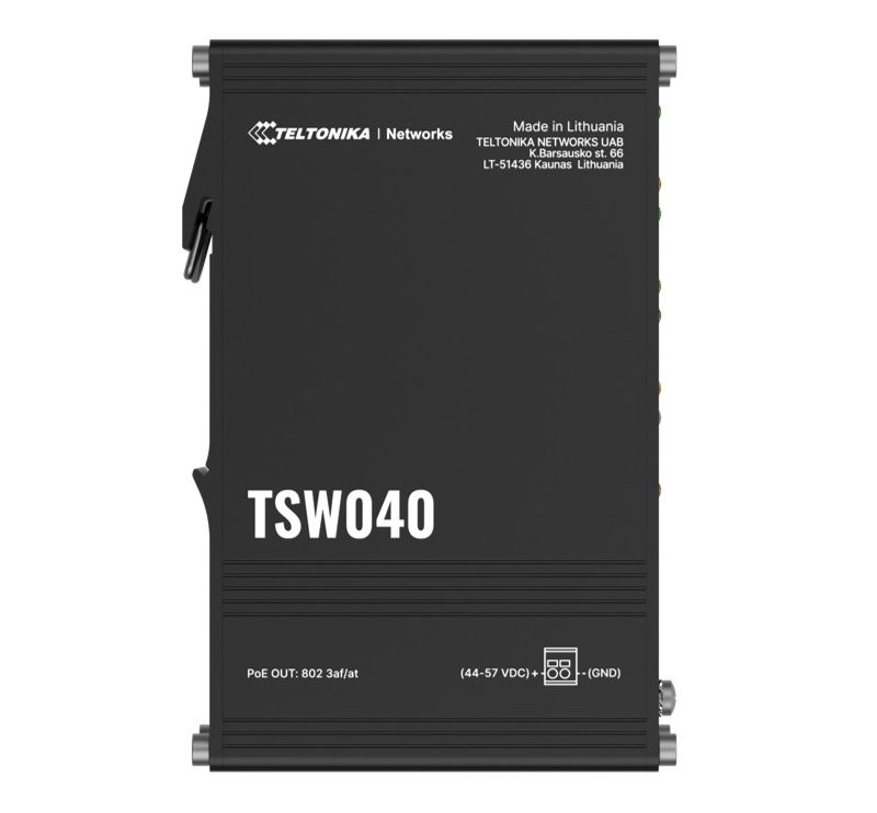 Teltonika TSW040 - 8-port PoE+ Switch (7-57 VDC, or 44-57 VDC for PoE-out) Integrated DIN Rail Bracket - 10/100 Mbps, supports auto MDI/MDIX crossover