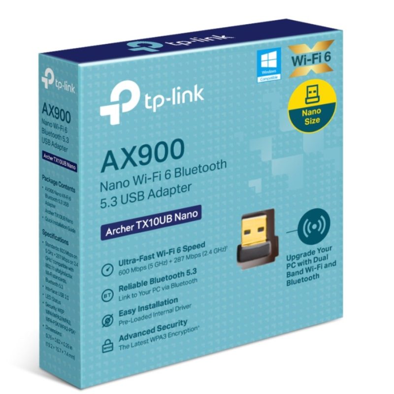 TP-Link Archer TX10UB Nano AX900 Nano Wi-Fi 6 Bluetooth 5.3 USB Adapter, 600 Mbps at 5 GHz + 287 Mbps at 2.4 GHz , Internal Antennas, USB 2.0