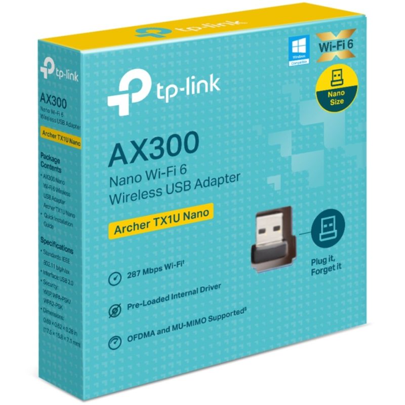 TP-Link Archer TX1U Nano AX300 Nano Wi-Fi 6 Wireless USB Adapter , 287 Mbps at 2.4 GHz , Internal Antennas, USB 2.0 , MU-MIMO, OFDMA