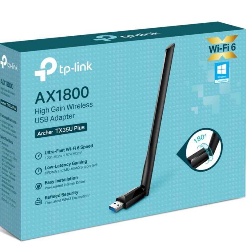 TP-Link Archer TX35U Plus AX1800 High Gain Wireless USB Adapter, 1201 Mbps at 5 GHz + 574 Mbps at 2.4 GHz, 1× High Gain External Antenna, USB 3.0FEA