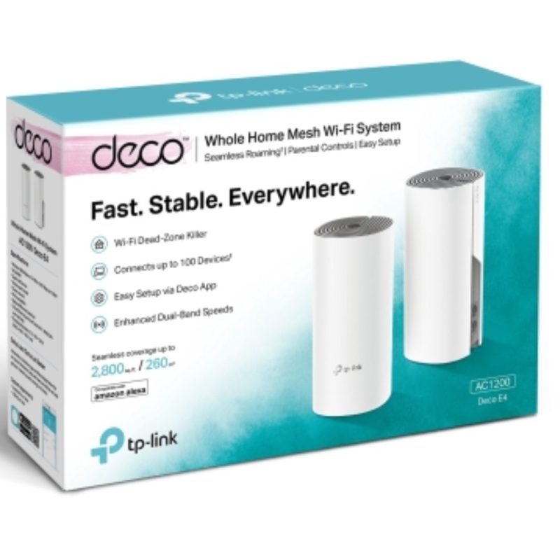 TP-Link Deco E4(2-pack) AC1200 Whole Home Mesh Wi-Fi (2-Pack), Dual-Band, Up to 1167 Mbps, Wireless, Seamless AI Roaming, Gaming Streaming, Smart Ho