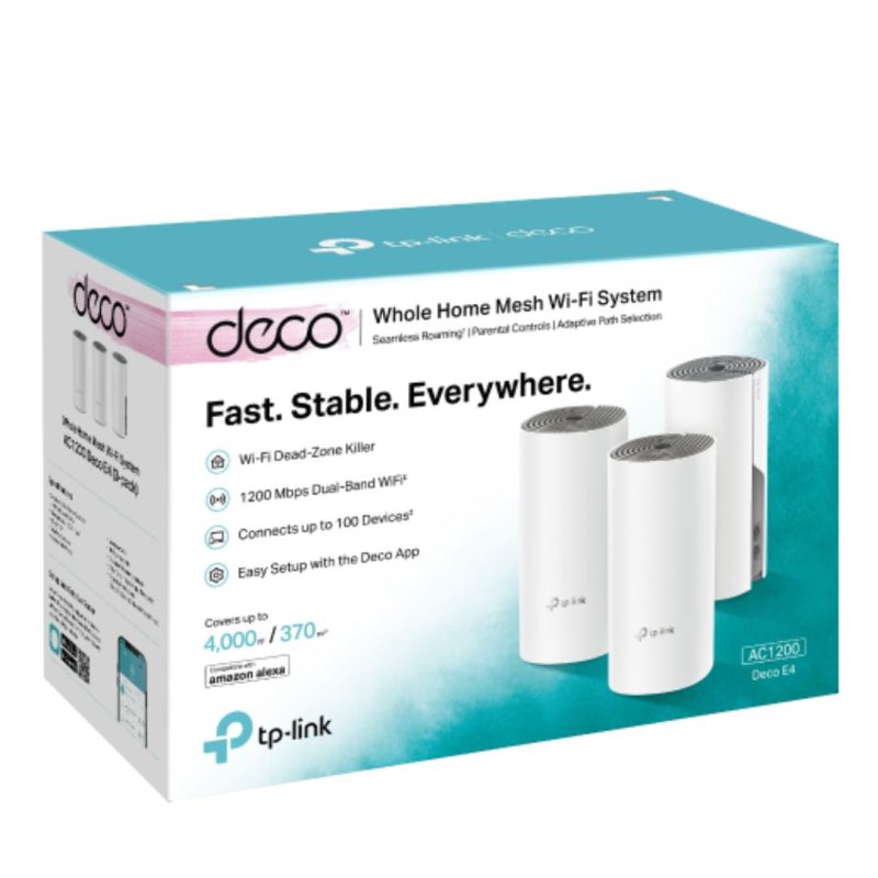 TP-Link Deco E4(3-pack) AC1200 Whole Home Mesh Wi-Fi (3-Pack), Dual-Band, Up to 1167 Mbps, Wireless, Seamless AI Roaming, Gaming Streaming, Sma