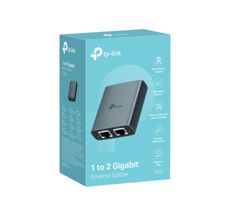 TP-Link EH210 1 to 2 Gigabit Ethernet Splitter, 1Gbps , 3 × RJ45 1Gbps Ports, 1 × USB-C Power Supply Port, Aluminum Alloy Case