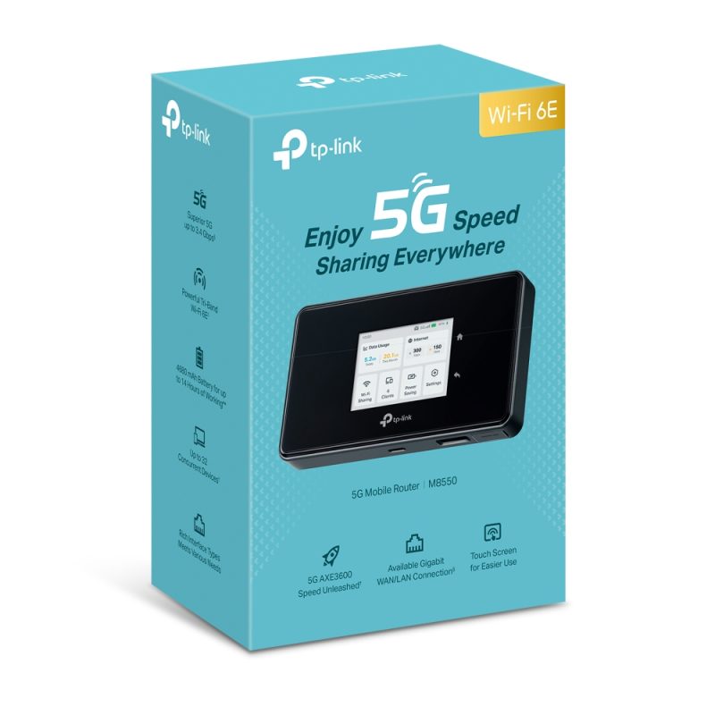 TP-Link M8550 5G Mobile Wi-Fi, 2880 Mbps at 6 GHz or 2880 Mbps at 5 GHz 688 Mbps at 2.4 GHz, 5G 3.4Gbps/900Mbps, 4G Cat19 1.6Gbps/2
