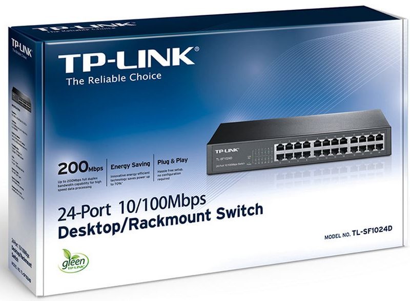 TP-Link TL-SF1024D 24-Port 10/100Mbps Rackmount Unmanaged Switch energy-efficient Supports MAC 13-inch Desktop steel case 4.8 Gbps Switching Cap