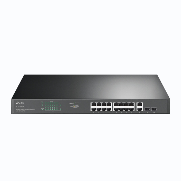 TP-Link TL-SG1218MP 18-Port Gigabit Rackmount Switch With 16 PoE+ 2 SFP Slots, 16× Gigabit PoE+ Ports, 2× Gigabit Non-PoE Ports, 2× Combo Gigabit SF