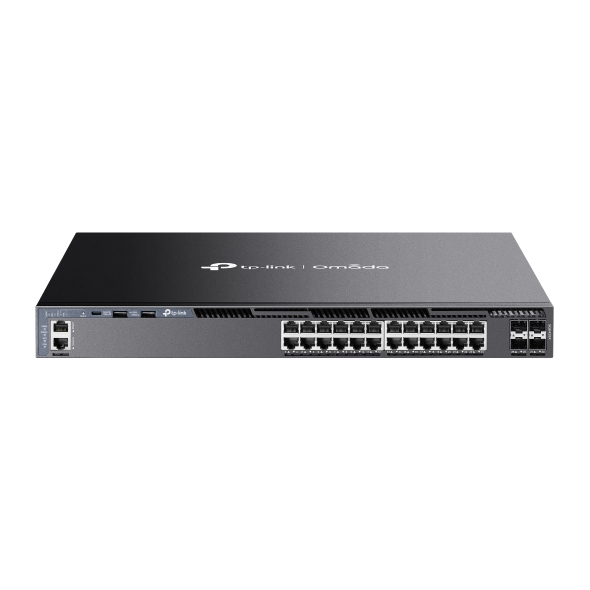 TP-Link SG6428X Omada 24-Port Gigabit Stackable L3 Managed Switch with 4 10GE SFP+ Slots, 24× Gigabit RJ45 Ports, 4× 10G SFP+ Slots, RJ45/Type C USB C