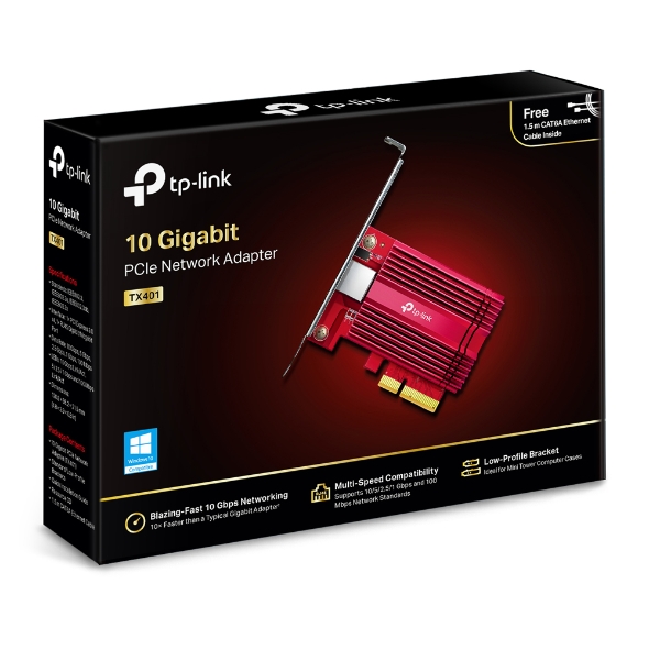 TP-Link TX401 10G 10 Gigabit PCI Express Network Adapter Low-Profile  Full-Height Brackets 1× PCI Express 3.0 x4, 1× RJ45 Gigabit/Megabit Port (NIC)
