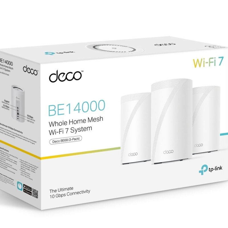 TP-Link Deco BE68 BE14000 Tri-Band Whole Home Mesh Wi-Fi 7 System (3-pack) 688 Mbps at 2.4 GHz + 4324 Mbps at 5 GHz + 8647 Mbps at 6 GHz